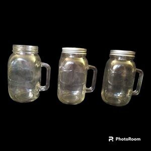 SET OF 3 - Vintage Yorkshire 20 oz Large Glass Mason Jar w/Handle 7" and Lids